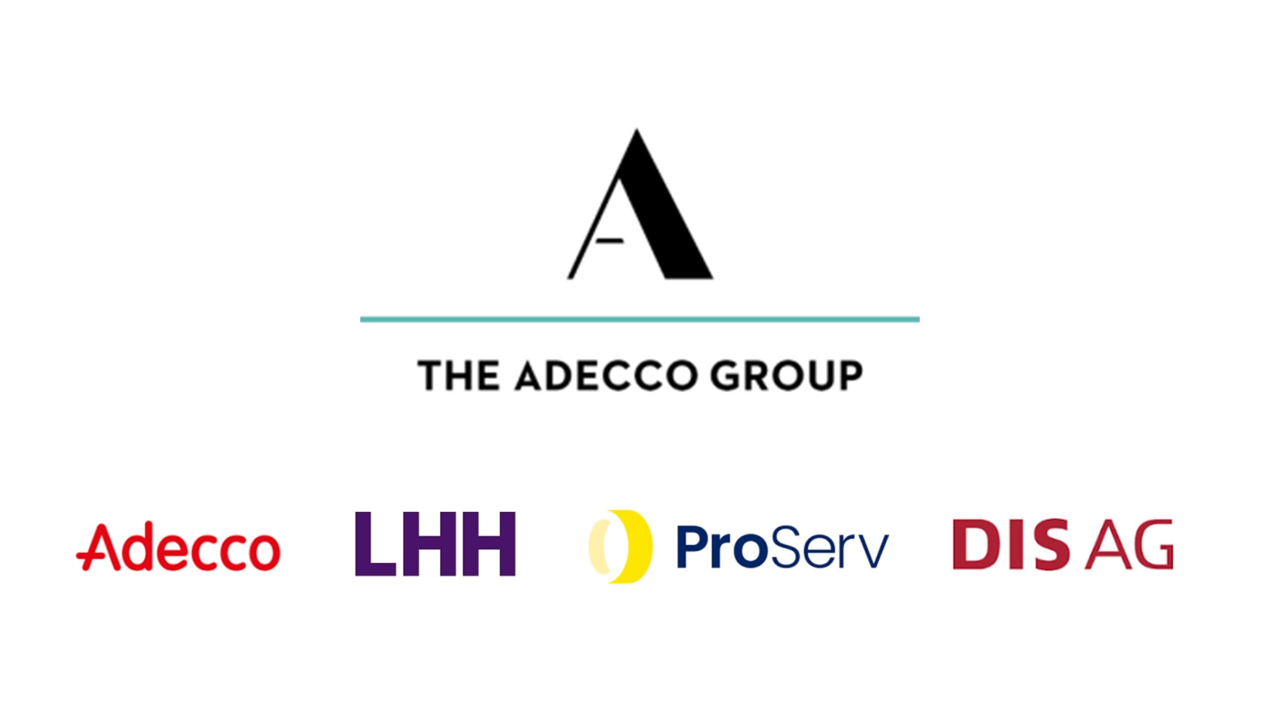 Logo-Board der Adecco Group mit den Marken Adecco, LHH, DIS AG und ProServ