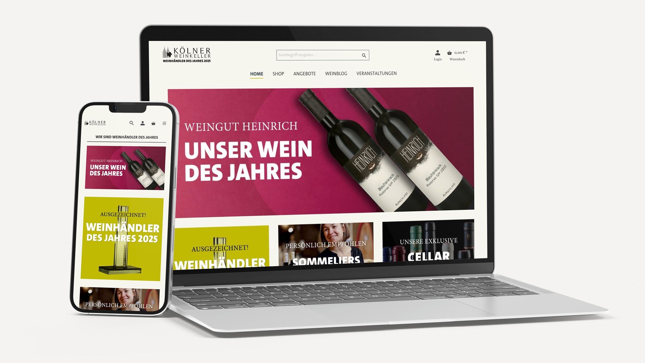 Laptop und Handy mit der geöffneten Startseite vom Onlineshop des Kölner Weinkellers