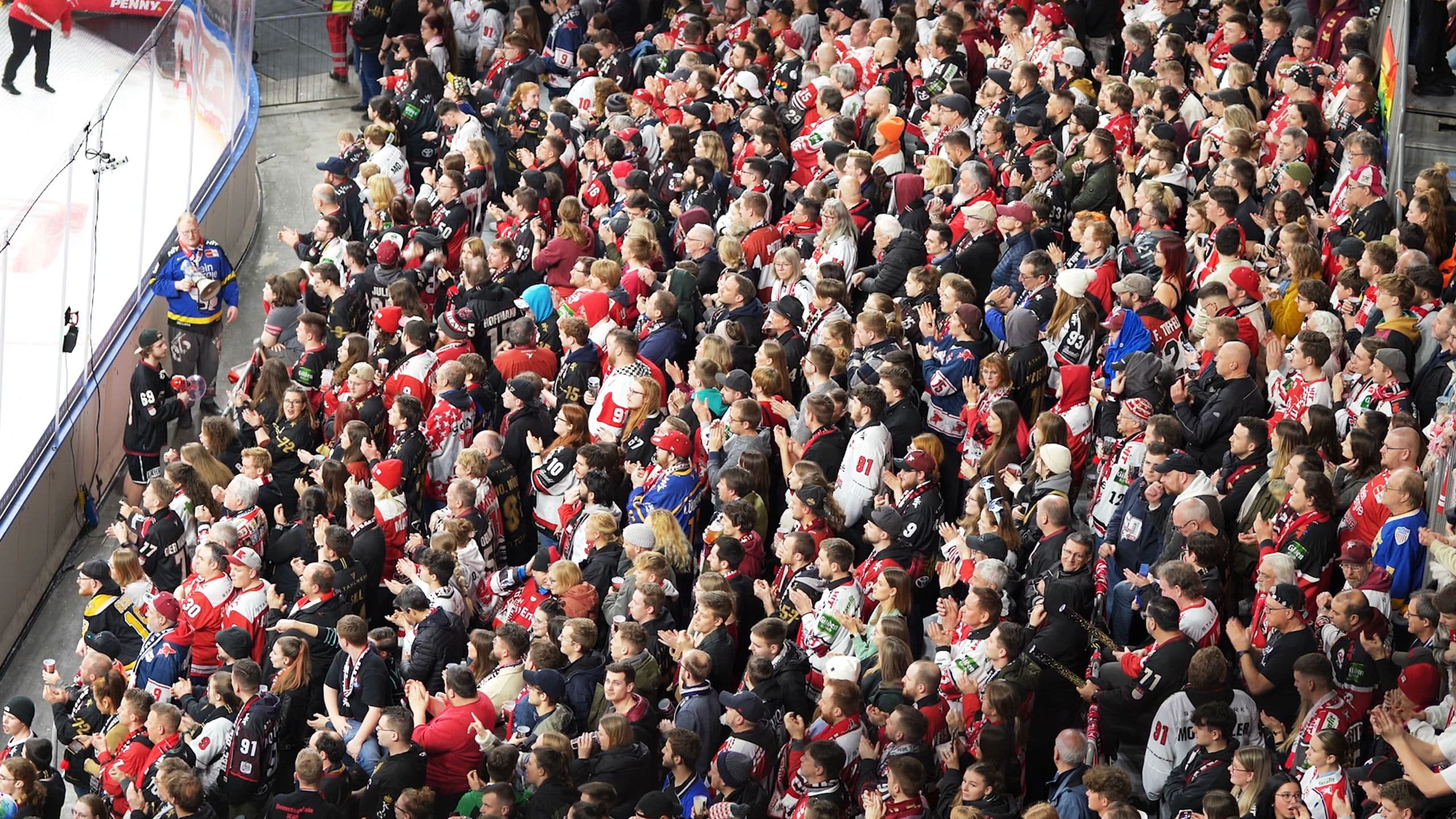Voll besetzte Zuschauerreihen beim Eishockeyspiel der Kölner Haie in der Kölner LANXESS Arena.