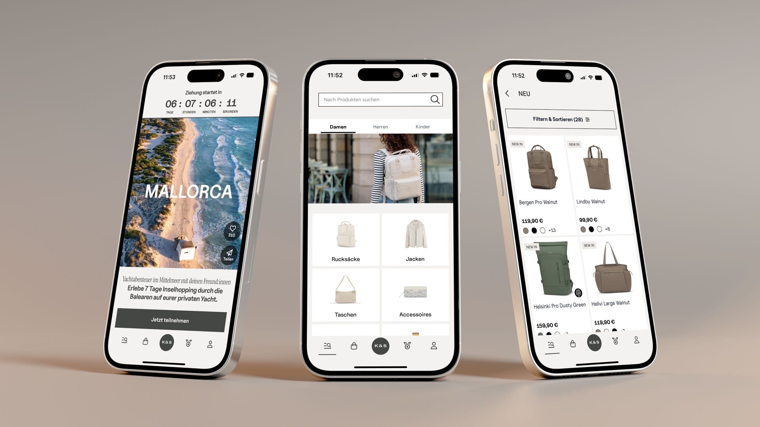 Drei Smartphones, die drei verschiedene Ansichten der Kapten & Son App auf dem Display abbilden